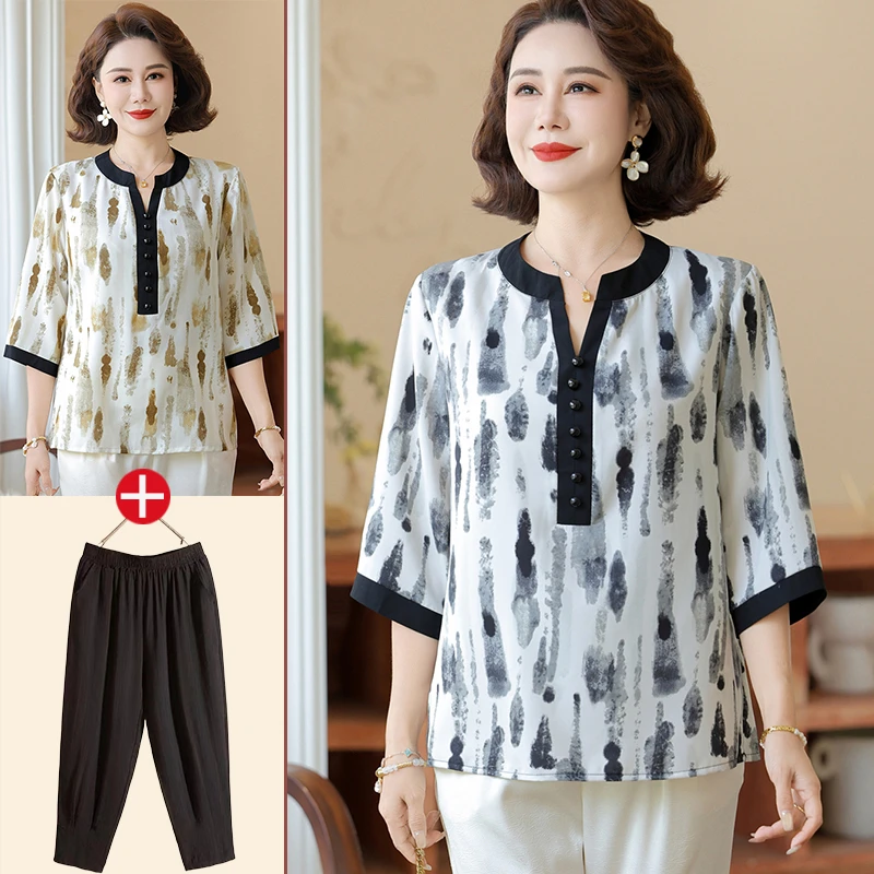 母亲节中年妈妈春夏装洋气七分袖T恤衫中老年宽松大码短袖衣服女