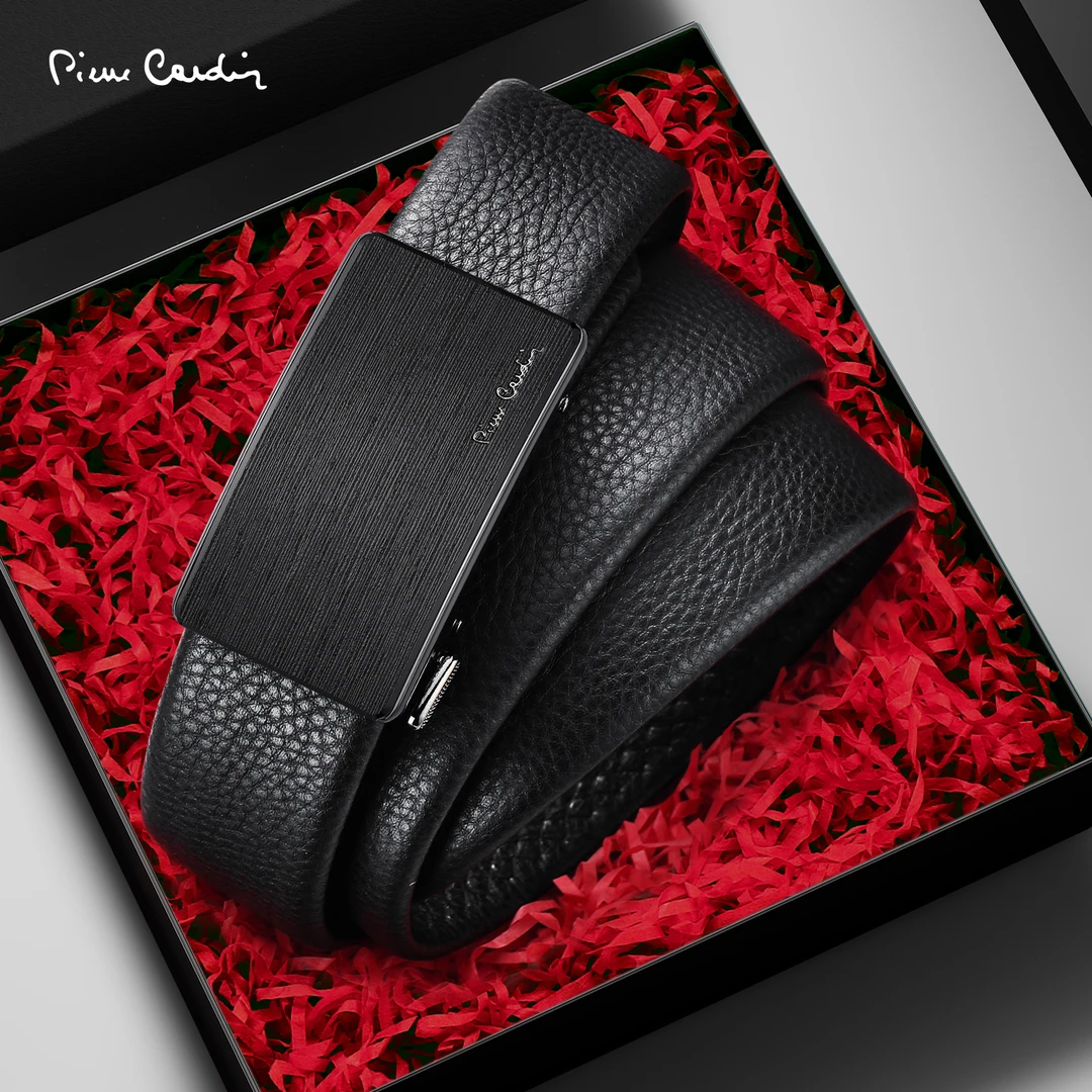 皮尔卡丹男士牛皮真皮腰带荔枝纹头层牛皮自动扣内穿皮带礼盒装