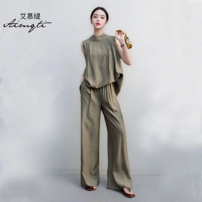 【妮姐】黑色无袖背心上衣阔腿裤两件套装显高气质宽松C8088