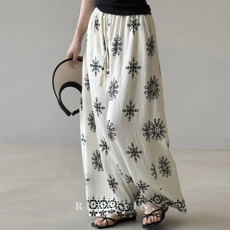 阮音波西米亚复古阔腿裤女夏季薄款宽松慵懒风垂感直筒休闲长裤子