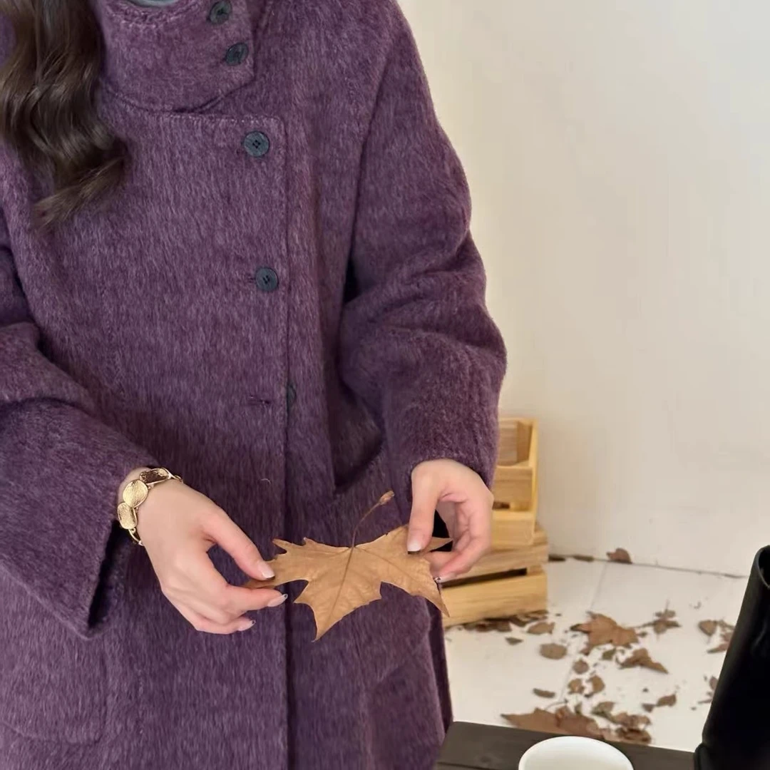 8007秋冬新款韩版时尚系带立领长款高级感双面绵羊毛外套