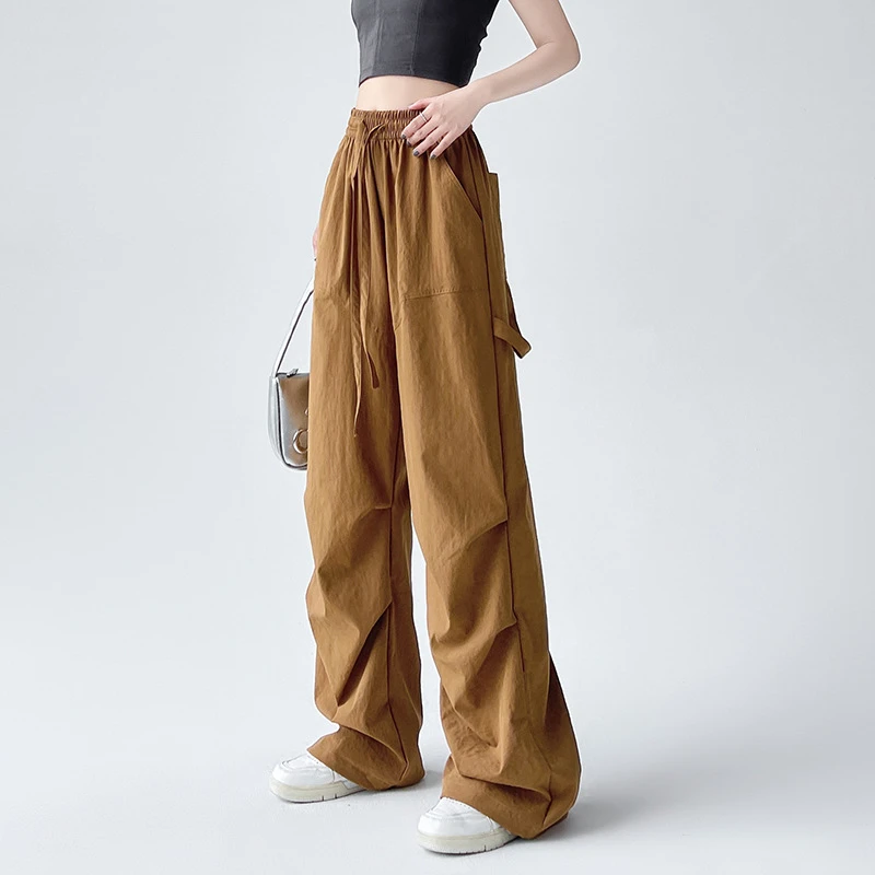 卡其色工装裤女夏高腰降落伞裤休闲阔腿裤美式春日穿搭女款2025