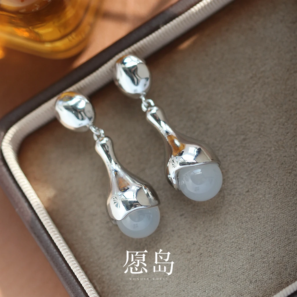 愿岛 黄铜耳饰 【虎牙专属】个性小众时尚水滴形金属瑙瑙耳钉EH2443