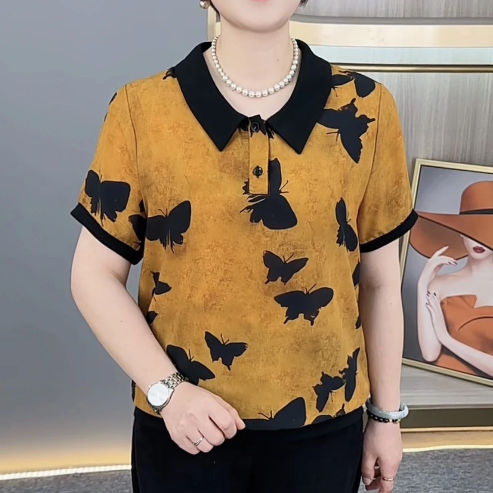 夏季新款时尚翻领蝴蝶印花气质妈妈装宽松休闲百搭短袖上衣H6185
