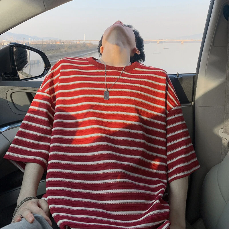 安哥拉红短袖男夏季潮牌大码拼色条纹t恤高级感慵懒情侣半袖体恤