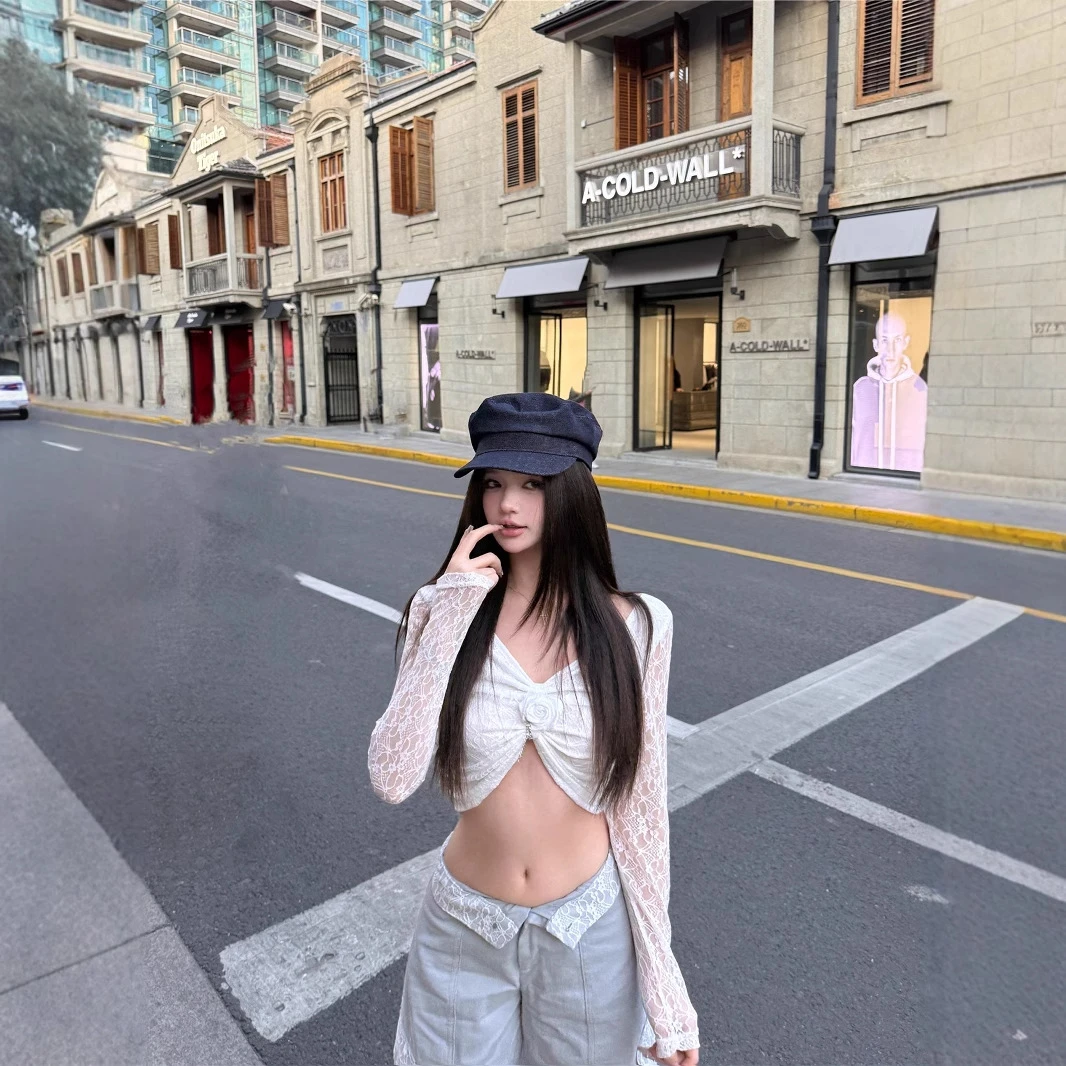 实拍2025美式辣妹套装蕾丝v领长袖上衣女潮流拼接休闲裤两件套