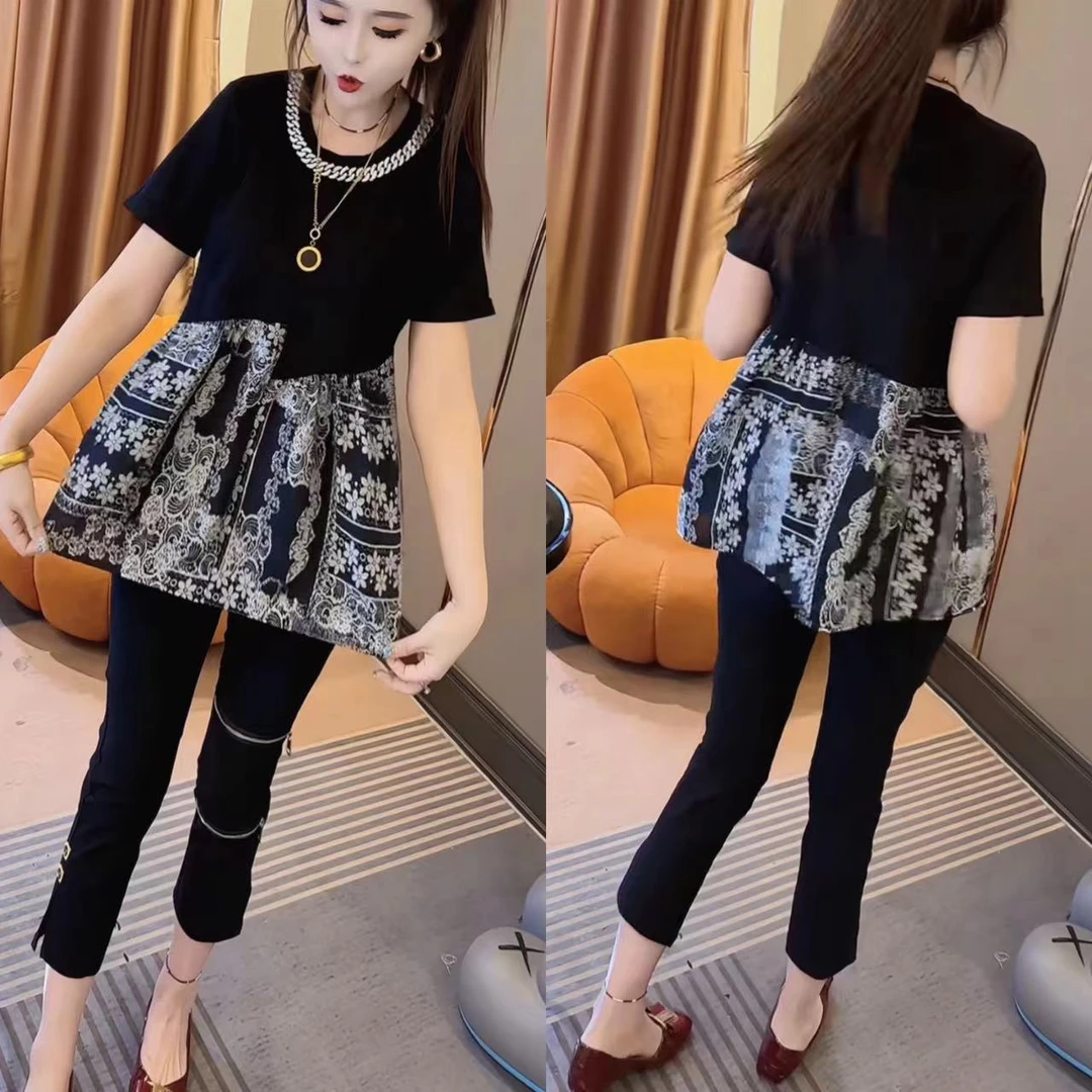 T恤上衣拼接中长款小黑裙女短袖夏高级感显瘦遮肚09440944