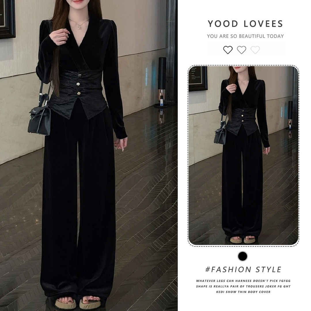 2025冬季新款法式V领拼接长袖收腰上衣女高腰直筒垂感长裤两件套