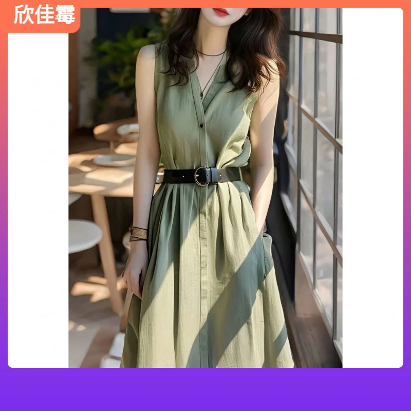 1军绿色连衣裙2025夏季新款轻奢高级感遮肉显瘦修身今年流行I