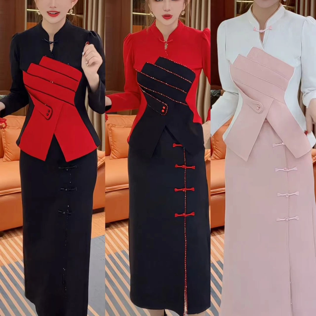 常规款女通勤复古中国风红色立领套装