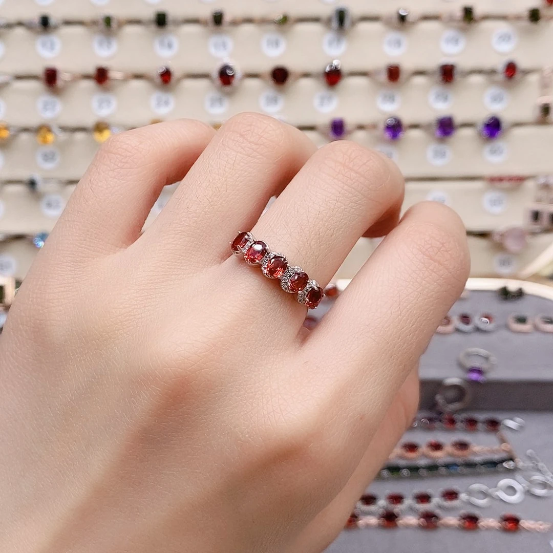 石榴石戒指银S925镶嵌戒指