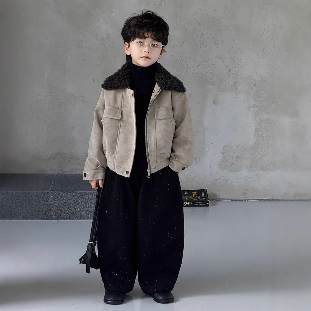 【雪原极光】男女童外套毛领新款加绒儿童皮衣夹克帅气潮范