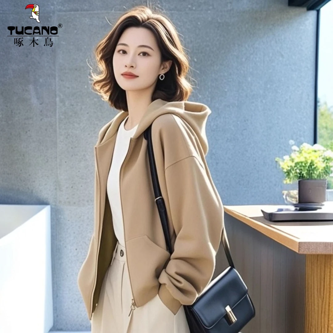 啄木鸟纯棉薄款时髦卫衣女2025秋冬新款纯色连帽休闲上衣长袖外套