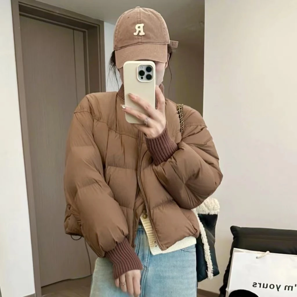 棒球领棉服女短款2025冬季立领螺纹针织拼接加厚面包服棉服