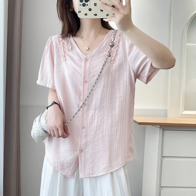大码女装2025夏季新款短袖衬衫时尚百搭微胖妹妹遮肉显瘦上衣衬衣