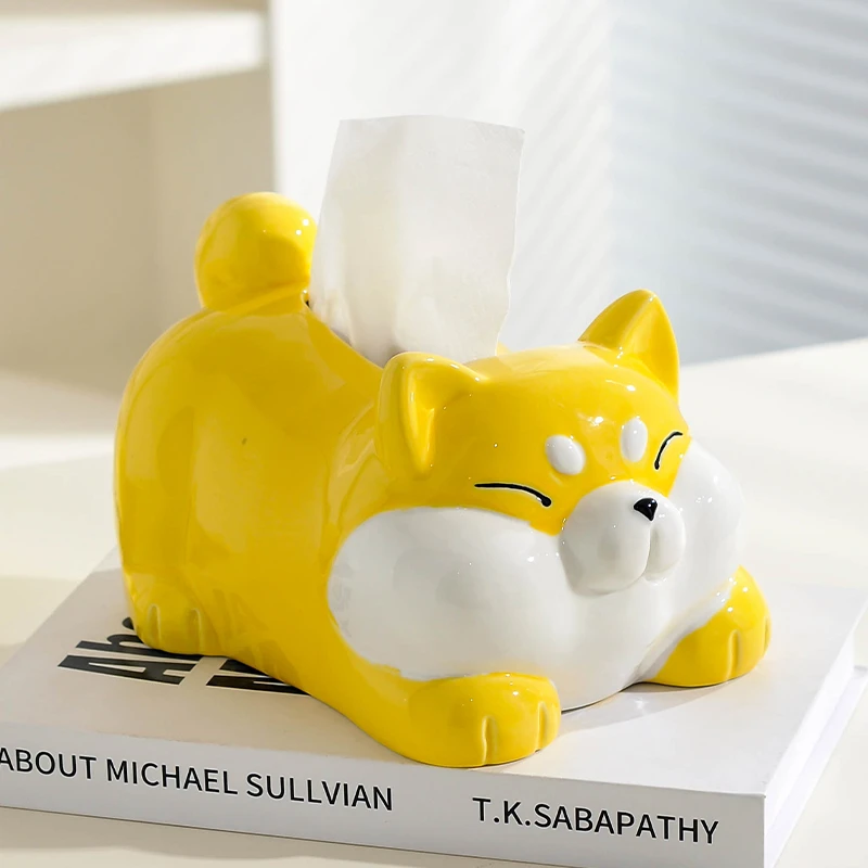 可爱萌趣柯基纸巾盒客厅高档卫生间创意抽纸盒陶瓷餐巾盒装饰摆件