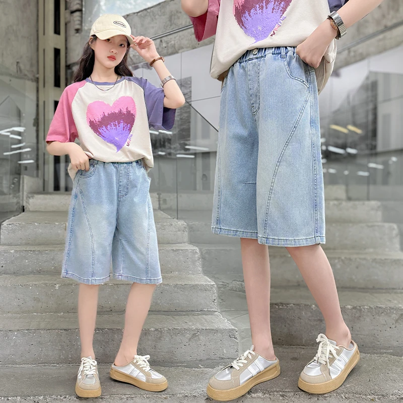 女童牛仔短裤夏装2025新款中大童韩版洋气牛仔中裤五分裤夏季薄款