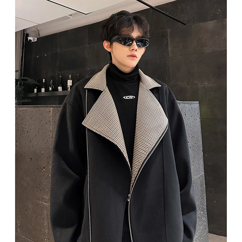 美式复古斜拉链设计毛呢大衣男秋冬季高级感拼接撞色呢子夹克外套