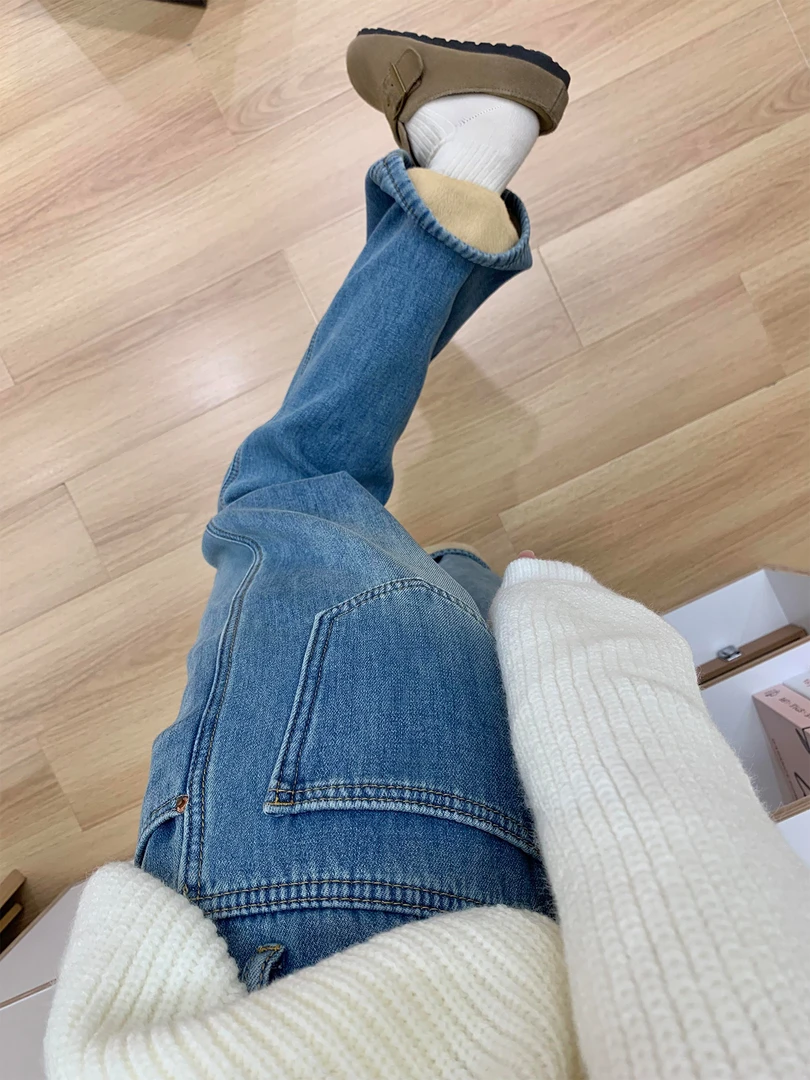 加绒加厚蓝色直筒牛仔裤女秋冬新款胖妹妹mm高腰宽松显瘦阔腿长裤