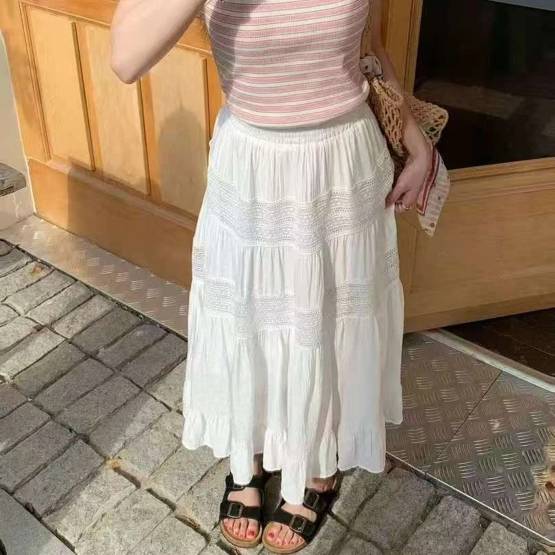 大码女生镂空蕾丝拼接7961宽松显瘦松紧腰半身长裙白色半身裙夏季