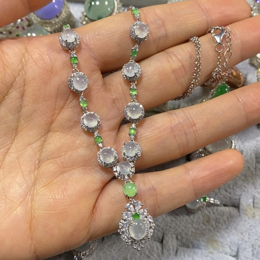 翡翠银S925镀金镶嵌颈饰项链