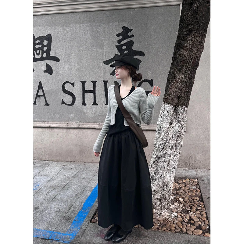 设计感挂脖开衫假两件2025秋季新款韩版免穿搭叠穿高腰A字半身裙