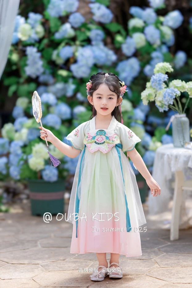 【现货】252-OB-258110绿色 女童2025年夏季中国风筝误汉服裙童装