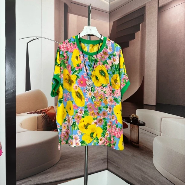 洋气花夏时尚中年妈妈花衫休闲圆领百搭宽松显瘦大码减龄印花上衣