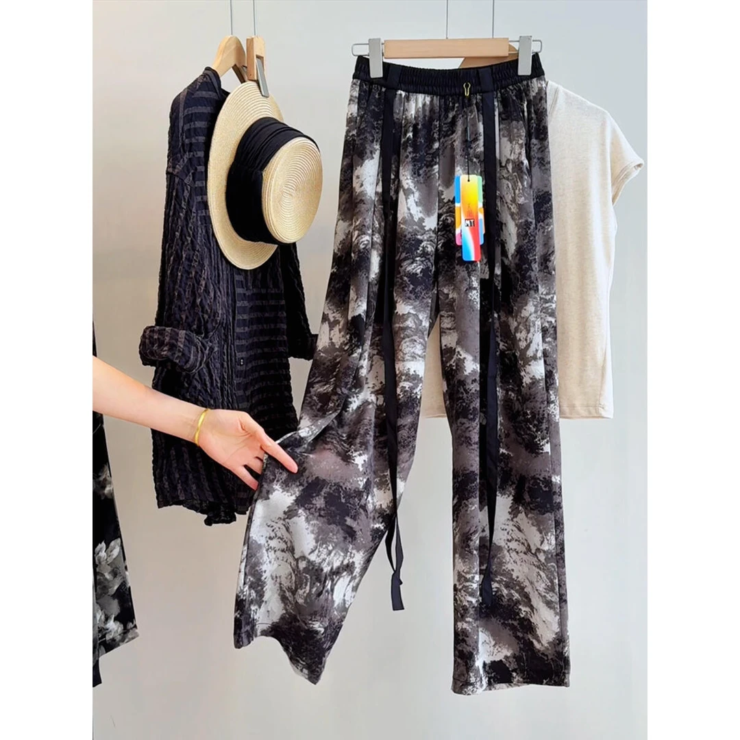 扎染江南国潮风水墨裤夏季宽松薄款垂顺休闲直筒光泽感长裤女