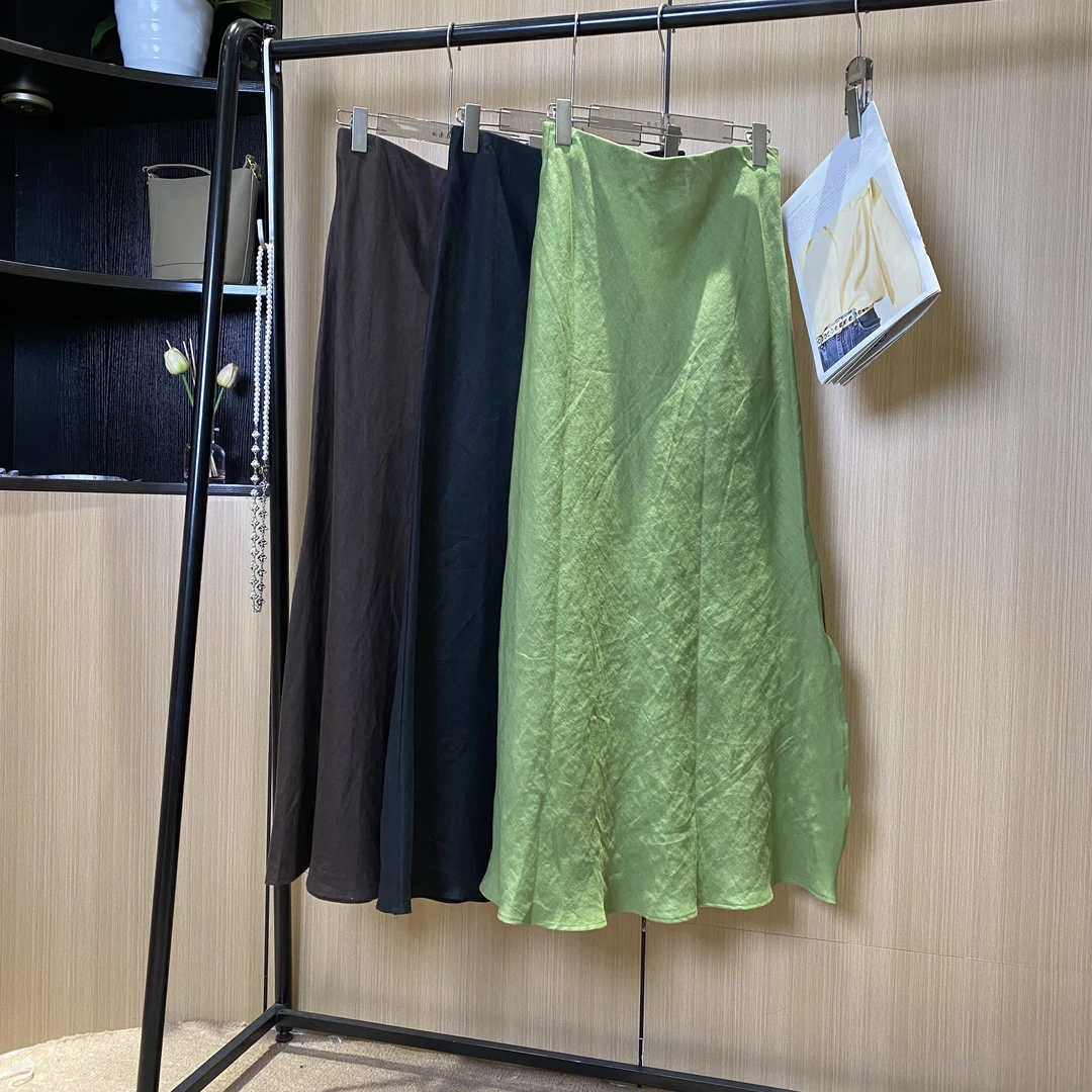 【燕子在南油】裙长100春夏纯色气质百搭亚麻半身裙3525