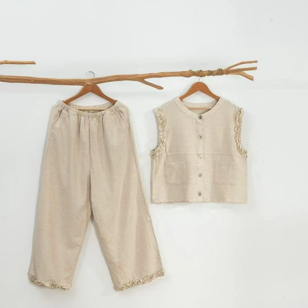 【雅趣】新款素色天丝麻无袖套装