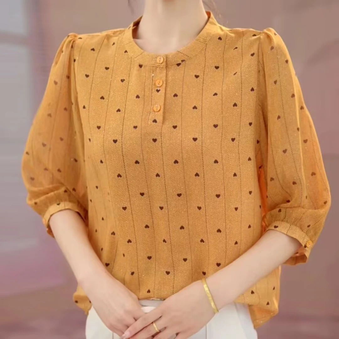 妈妈装衬衫女七分袖宽松开衫上衣春夏新款J印花透气圆领洋气小衫