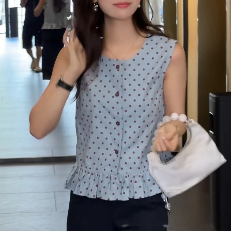 时尚复古波点荷叶边无袖背心衬衫女2025夏季新款气质百搭显瘦上衣