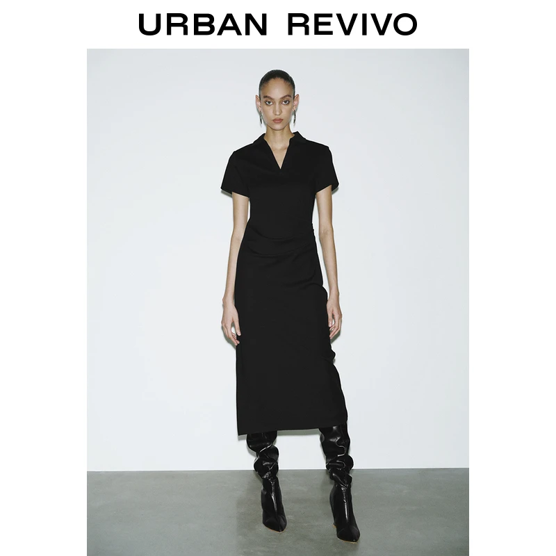 UR2025夏季新款女装简约通勤纯色褶皱短袖连衣裙UWJ750030