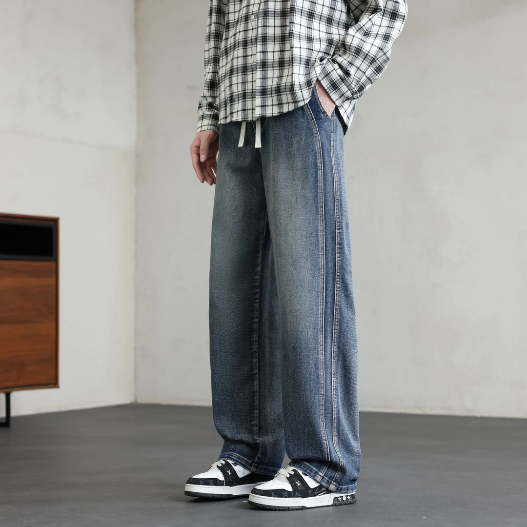 秋冬新款休闲长牛仔裤复古潮流浅色宽松港风垂感男女同款