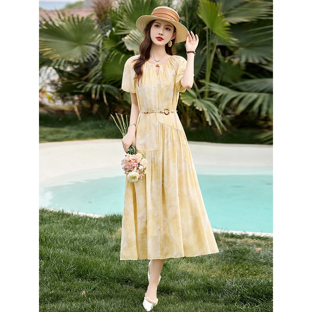 夏季新款收腰显瘦优雅气质法式泡泡袖碎花中长款时尚复古连衣裙