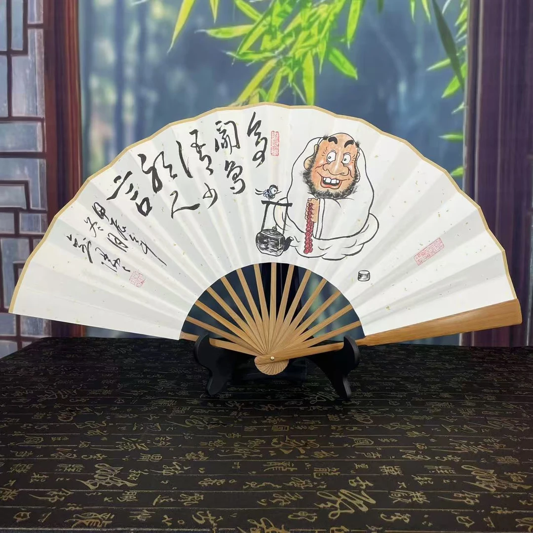 手绘禅意人物十寸油竹文玩折扇