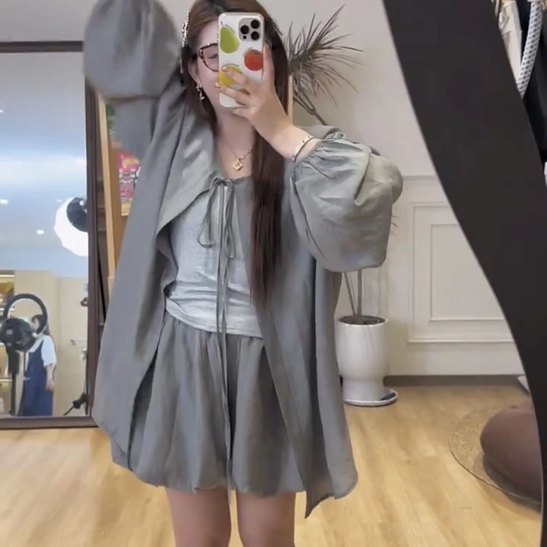 3219#大码时尚休闲套装夏季防晒衬衫高级宽松长袖新款短裤两件套