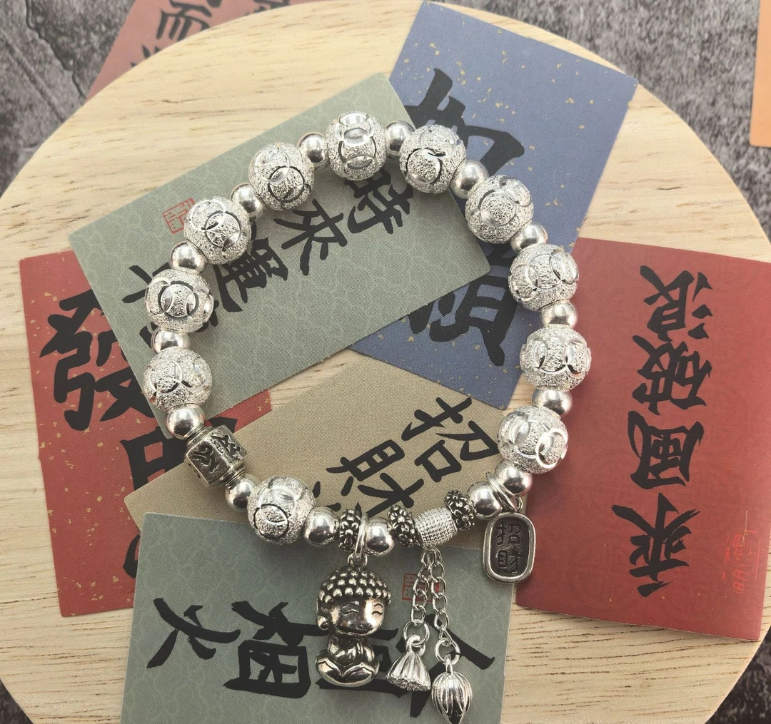 足银手链 六字真言手链招财福顺小佛手串国风新中式复古做旧