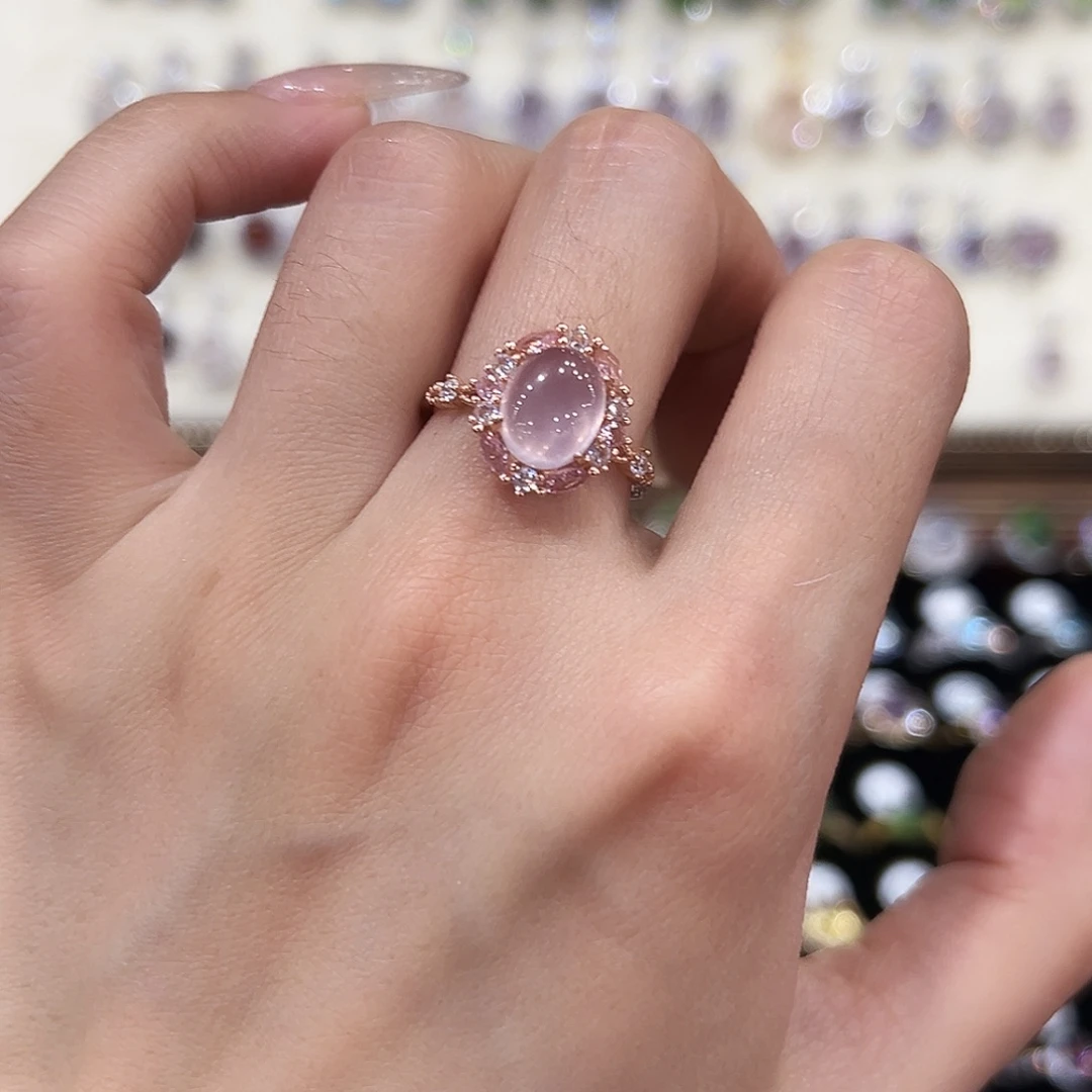 春***头戒指芙蓉石银S925镶嵌金托不保色