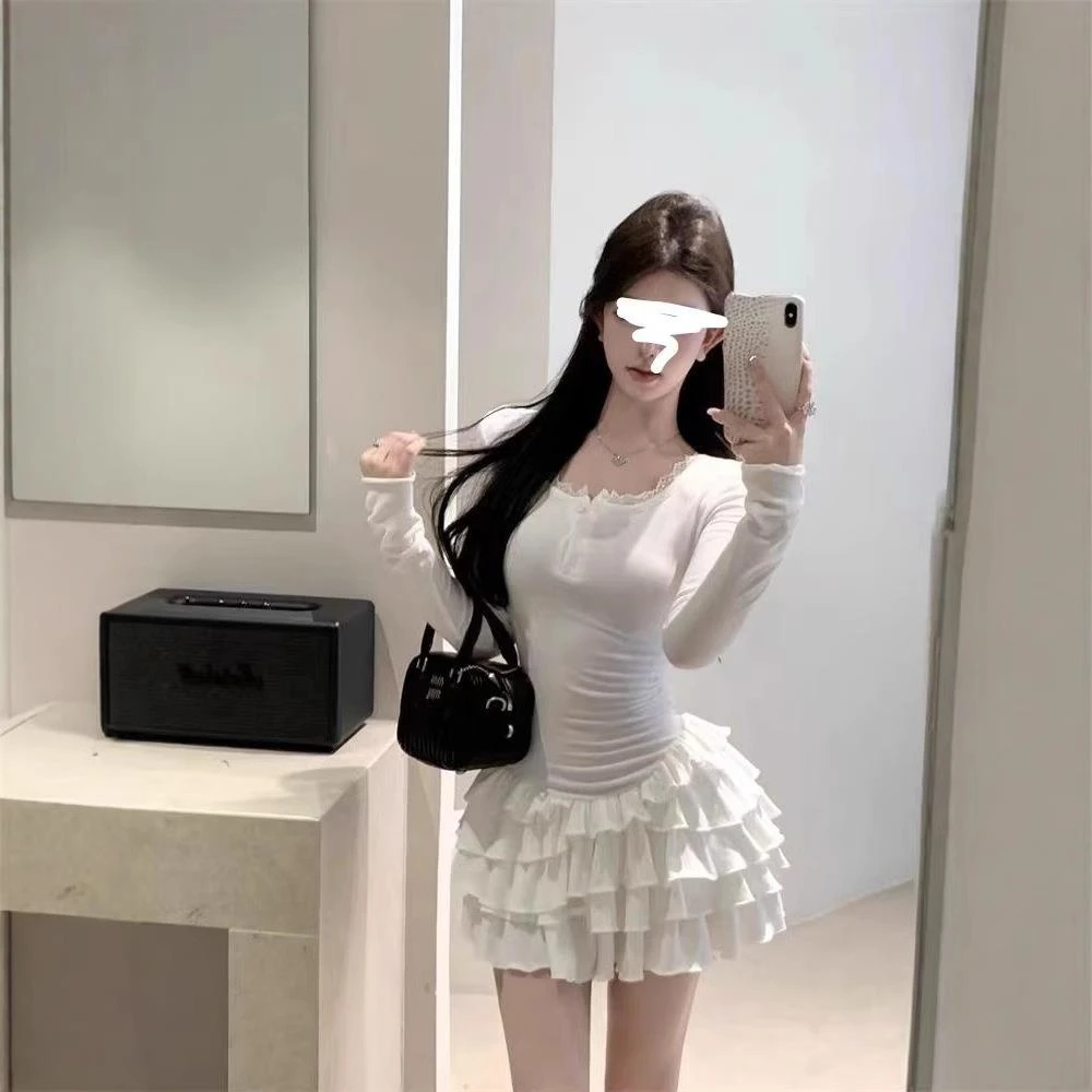 【奥莱撤柜】秋季修身荷叶边连衣裙 温柔风正肩长袖假两件拼接U型腰