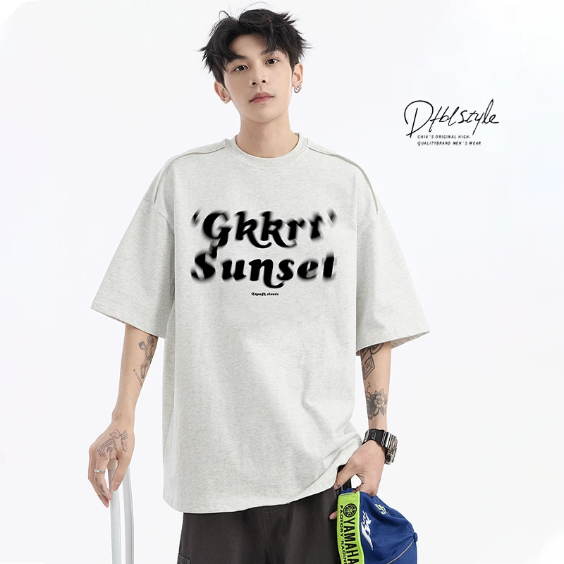 美式潮牌模糊字母印花短袖男士夏季复古休闲t恤夏季宽松上衣体恤