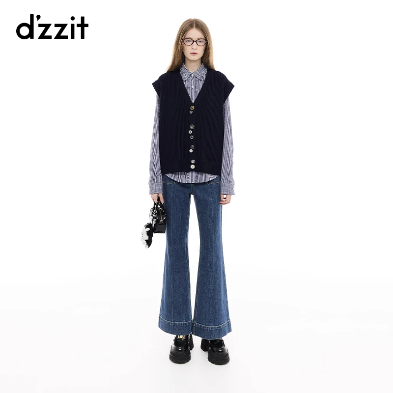 dzzit地素针织衫25春新款复古错落装饰扣V领无袖上衣女3J1E5421T