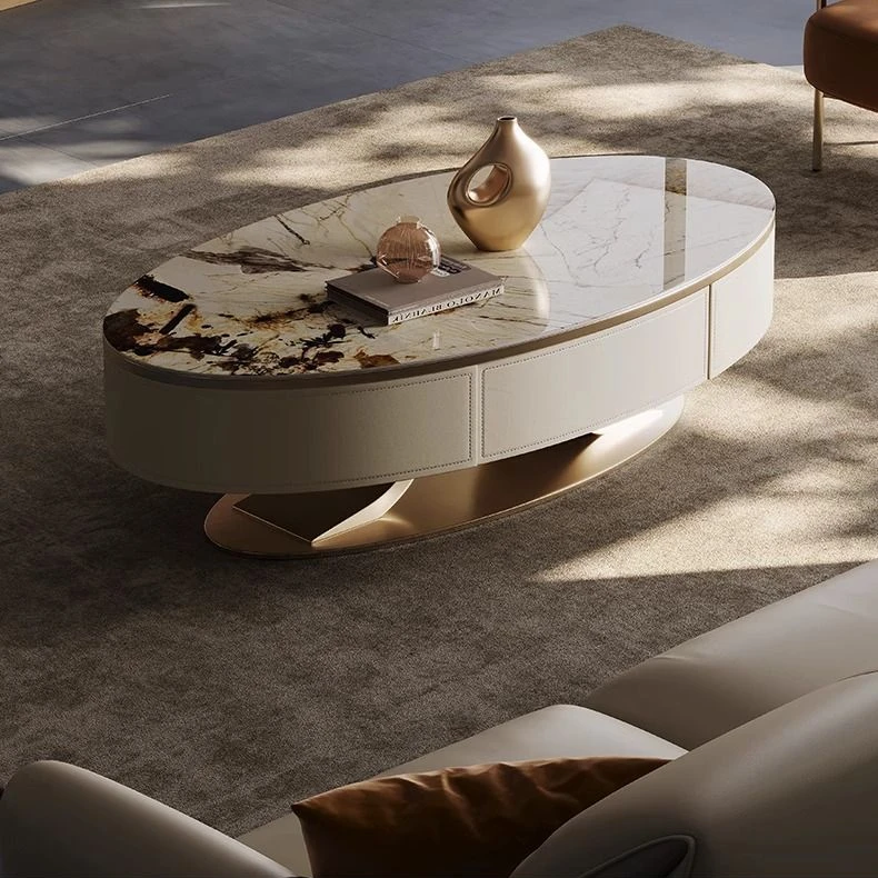 2025新款意式轻奢极简奢石岩板椭圆茶几电视柜组合小户型客厅家用