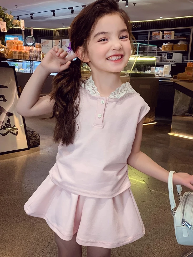 中大童女童套装夏2025新洋气蕾丝连帽背心套装短裤运动套装两件套