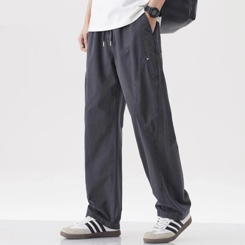 Cebrodz夏季新款高街拼接男士休闲裤宽松潮流百搭纯色直筒长裤子