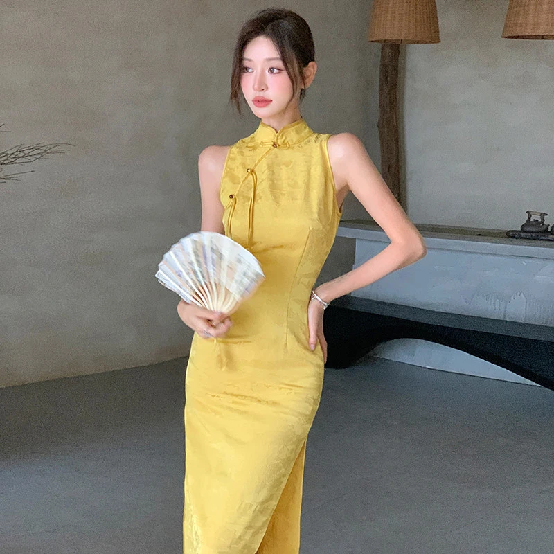 旗袍女新中式夏日绝美小裙子修身显瘦气质高级感开叉无袖连衣裙女