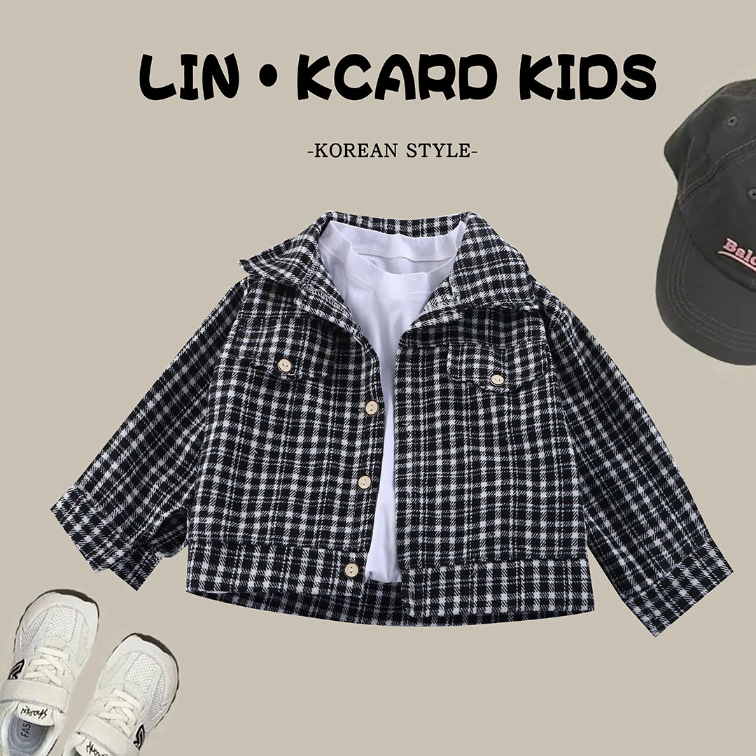 儿童衬衫长袖春秋格子衬衣男童复古拼色开衫新款翻领上衣女童外套