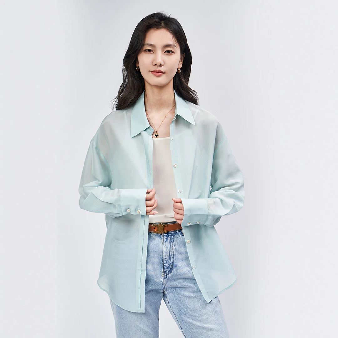 春竹官方夏新款桑蚕丝长袖休闲简约宽松翻领纯色通勤衬衣