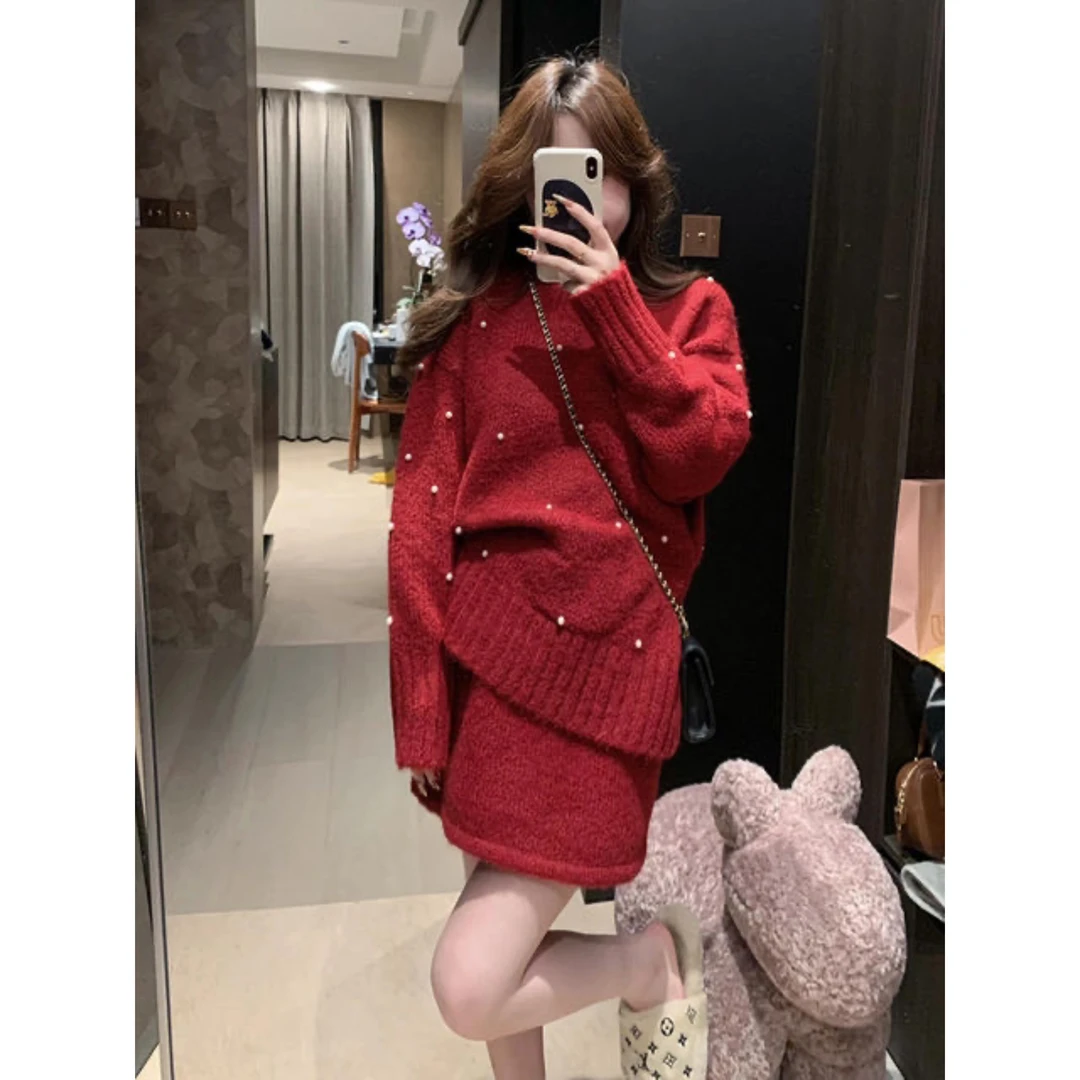 FCYSTUIDOHZJ韩系钉珠毛衣女氛围感显瘦高腰半身裙针织宽松套装